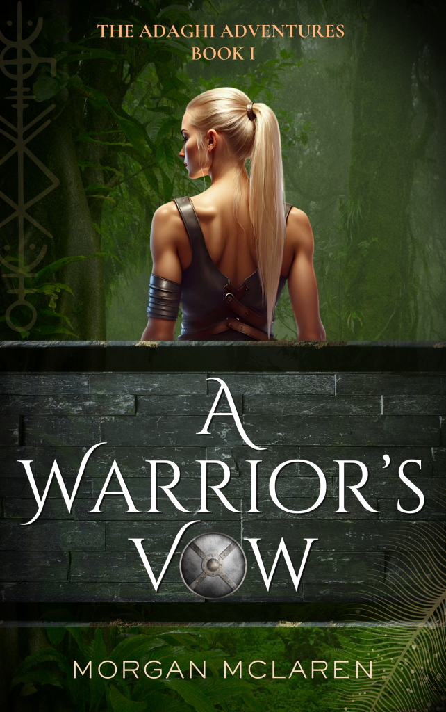 Book cover showing a female warrior, jungle scene and A Warrior's Vow