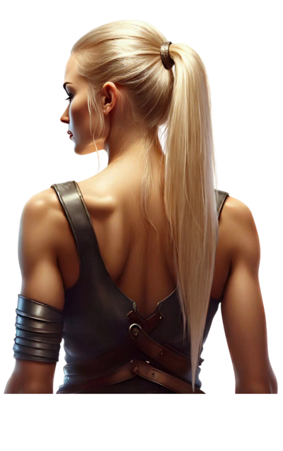 Female warrior with high pony tail and muscular back